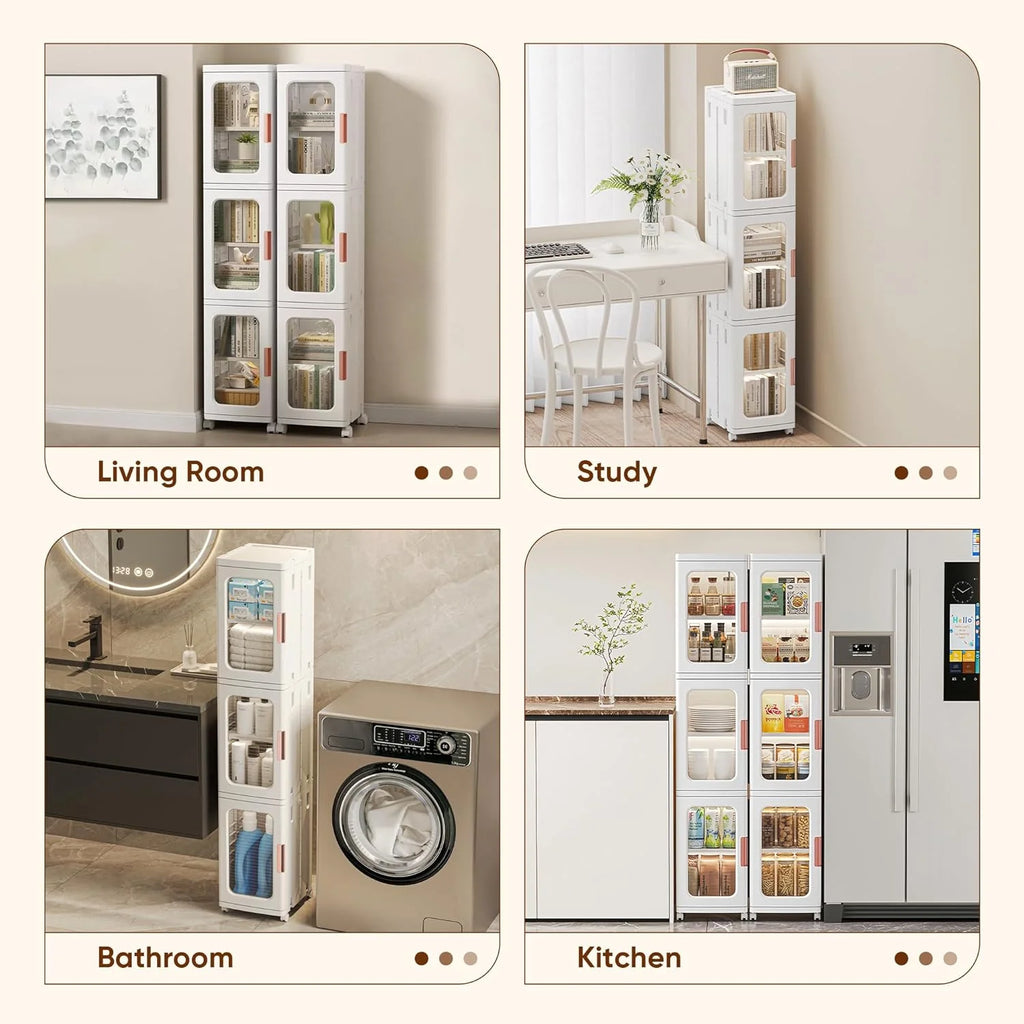 Slim Kitchen Pantry Storage Cabinet with Doors and Shelves, 3 - Tiers Plastic Narrow Storage Organizer Collapsible for Small Spaces, Bathroom, Living Room, Bedroom, White