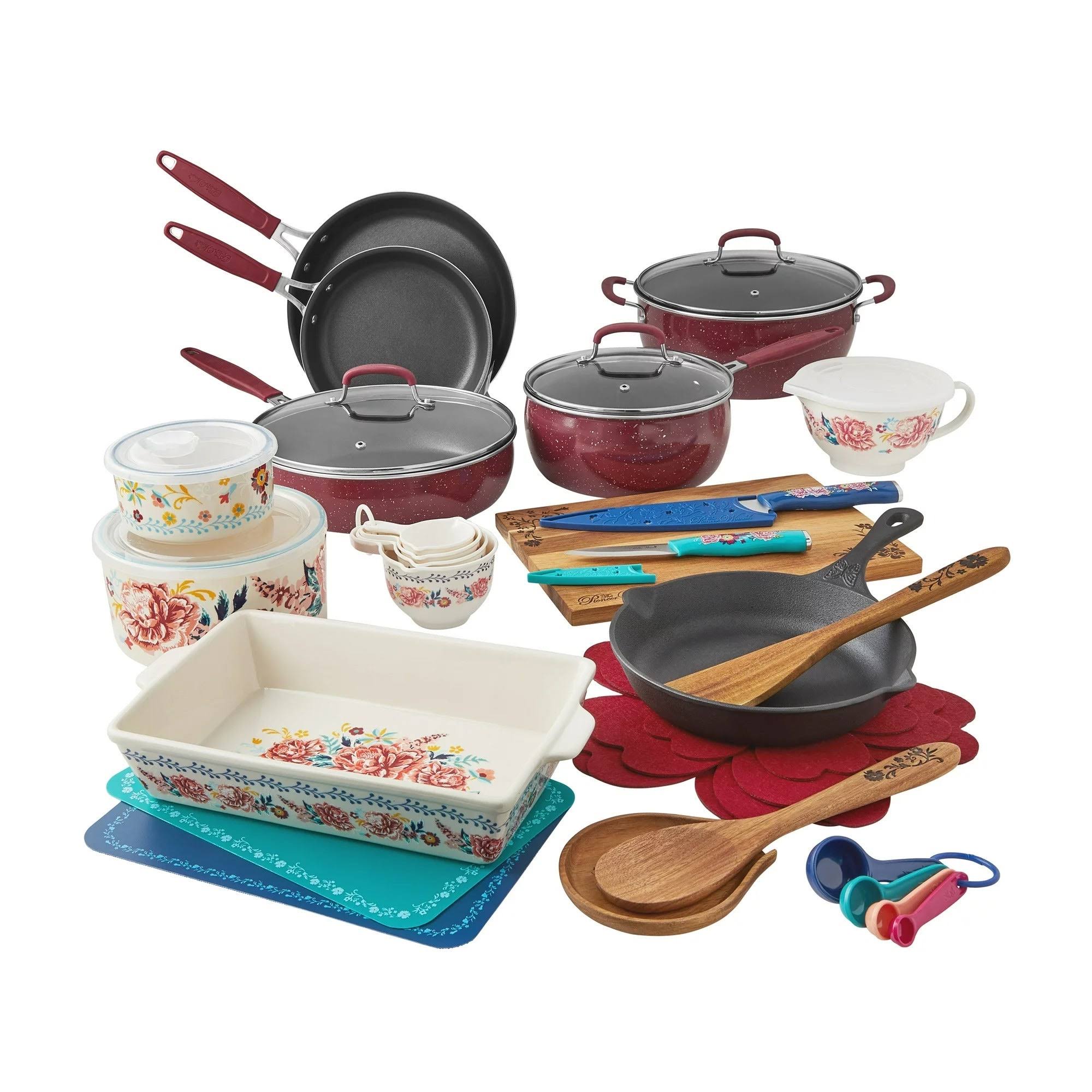 The Pioneer Woman PW43007796140CF Keepsake Floral 38-Piece Cookware Set, Merlot Main image