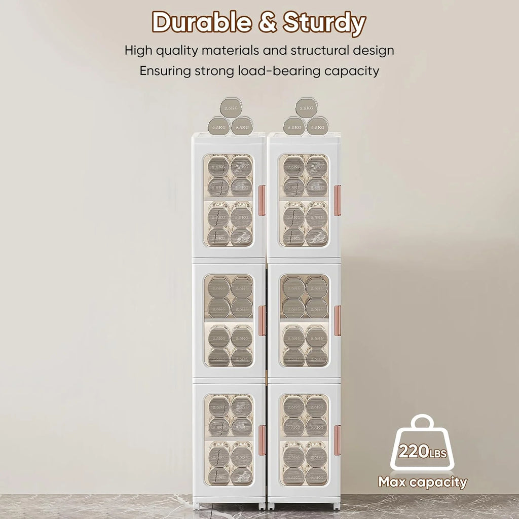 Slim Kitchen Pantry Storage Cabinet with Doors and Shelves, 3 - Tiers Plastic Narrow Storage Organizer Collapsible for Small Spaces, Bathroom, Living Room, Bedroom, White