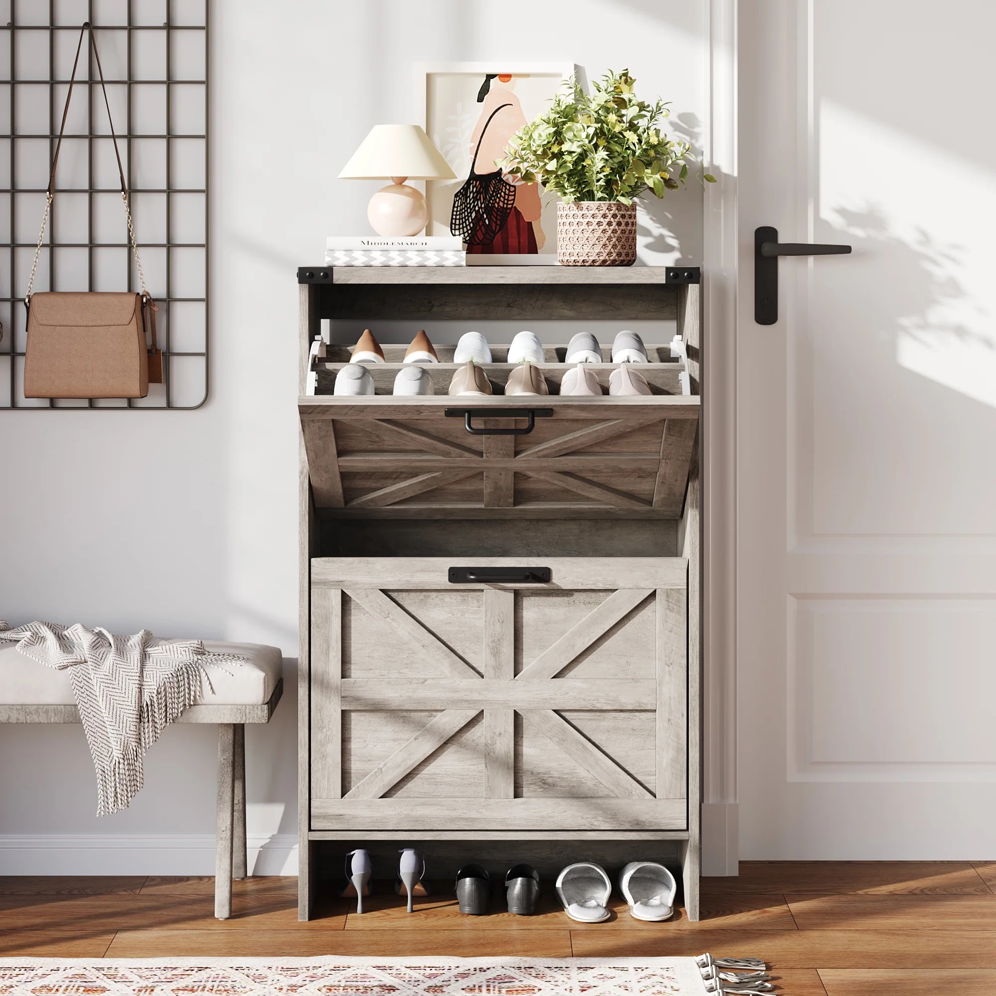 VEANERWOOD Shoes Storage Cabinet with Doors, Farmhouse Shoe Cabinet with 2 Flip Drawers for Entryway, Gray
