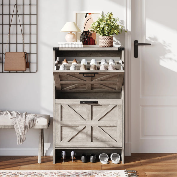 VEANERWOOD Shoes Storage Cabinet with Doors, Farmhouse Shoe Cabinet with 2 Flip Drawers for Entryway, Gray