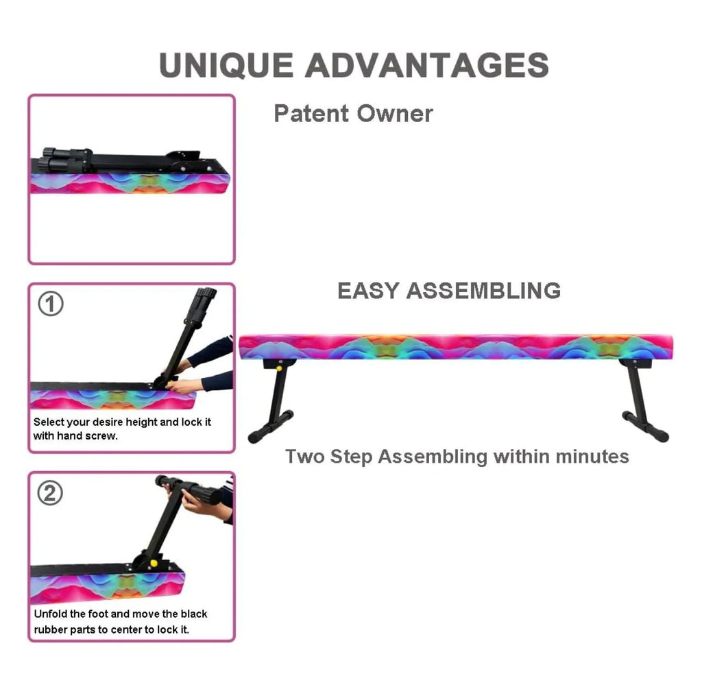 8FT Adjustable&Foldable Gymnastics Balance Beam, Home Gym Equipment, Easy Assembling and Storage, No Tool Require, for Kids Children Girls Training