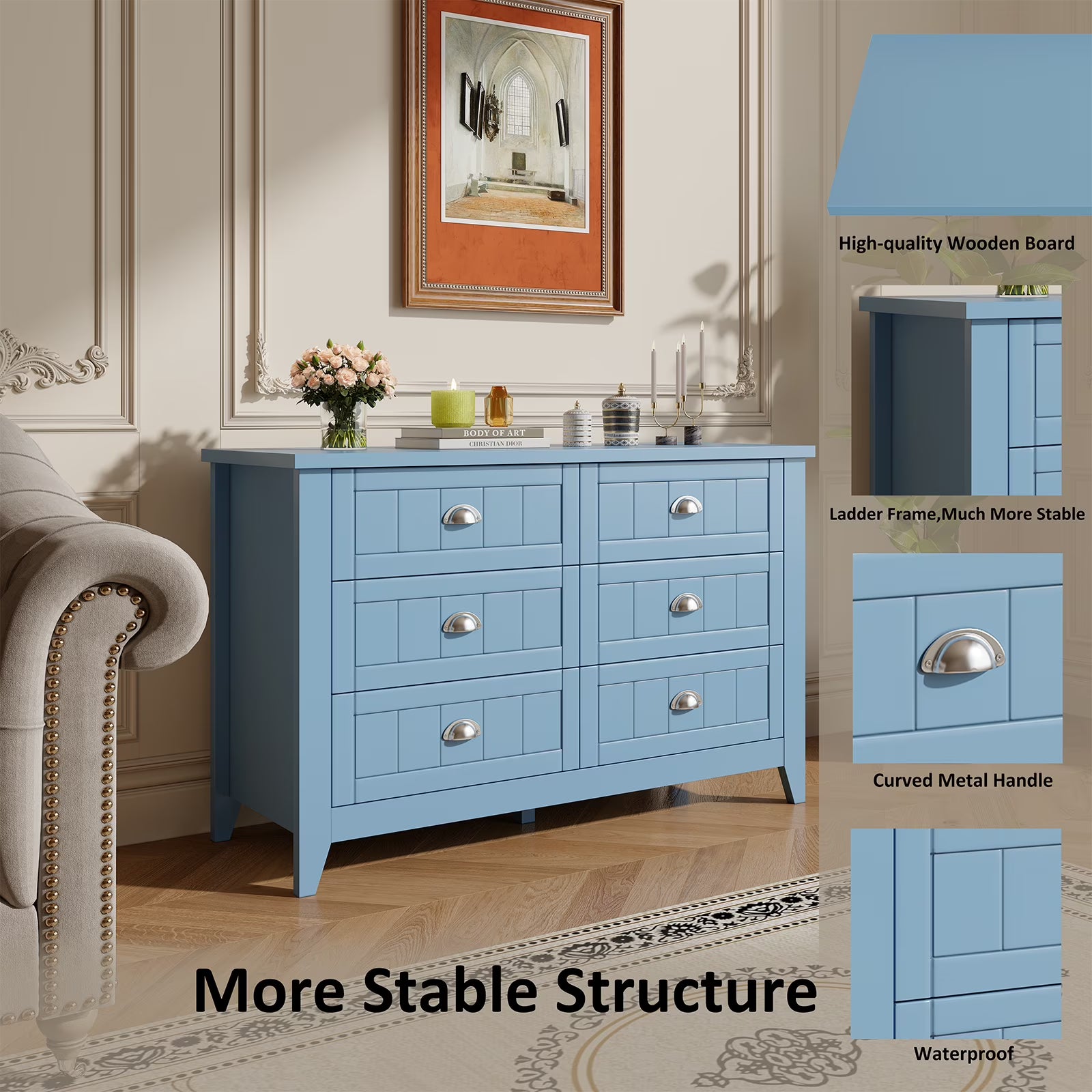 6 Drawer Dresser, Light Blue Elegant Chest of Drawers, Large Cabinet with Storage, Rustic Wood Chest of Drawers for Bedroom, Living Room, Hallway Main image