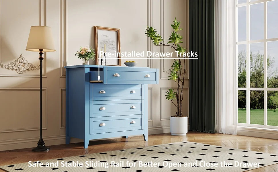 6 Drawer Dresser, Light Blue Elegant Chest of Drawers, Large Cabinet with Storage, Rustic Wood Chest of Drawers for Bedroom, Living Room, Hallway