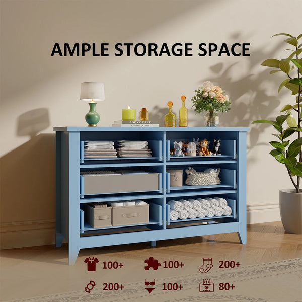 6 Drawer Dresser, Light Blue Elegant Chest of Drawers, Large Cabinet with Storage, Rustic Wood Chest of Drawers for Bedroom, Living Room, Hallway