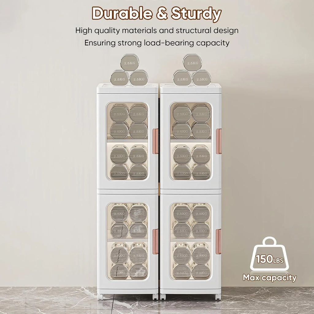 Slim Kitchen Pantry Storage Cabinet with Doors and Shelves, 3 - Tiers Plastic Narrow Storage Organizer Collapsible for Small Spaces, Bathroom, Living Room, Bedroom, White