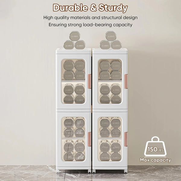 Slim Kitchen Pantry Storage Cabinet with Doors and Shelves, 3 - Tiers Plastic Narrow Storage Organizer Collapsible for Small Spaces, Bathroom, Living Room, Bedroom, White