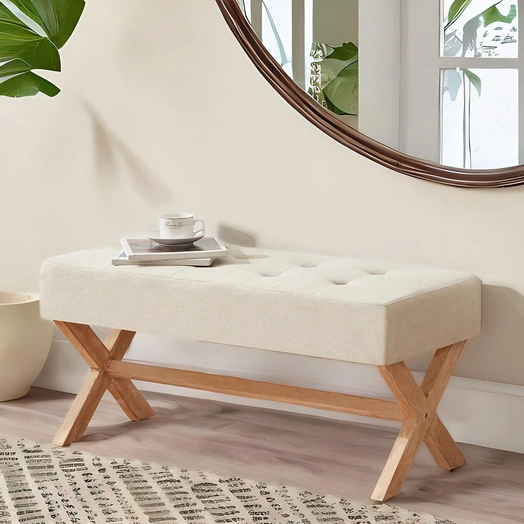 HUIMO Bedroom Bench, 35" Upholstered Entryway Bench & Dining Bench, Tufted Fabric End of Bed Bench for Bedroom Living Room Hallway, Beige