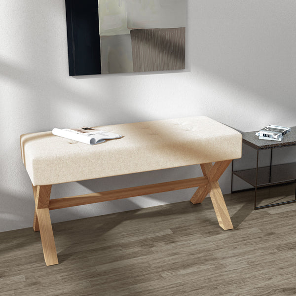 HUIMO Bedroom Bench, 35" Upholstered Entryway Bench & Dining Bench, Tufted Fabric End of Bed Bench for Bedroom Living Room Hallway, Beige