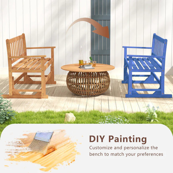 2-Person Patio Glider Bench, Solid Acacia Wood Porch Glider Chair with Slatted Backrest & Seat, Outdoor Glider Loveseat for Balcony Poolside Garden
