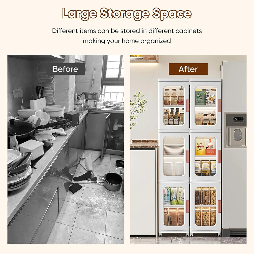 Slim Kitchen Pantry Storage Cabinet with Doors and Shelves, 3 - Tiers Plastic Narrow Storage Organizer Collapsible for Small Spaces, Bathroom, Living Room, Bedroom, White
