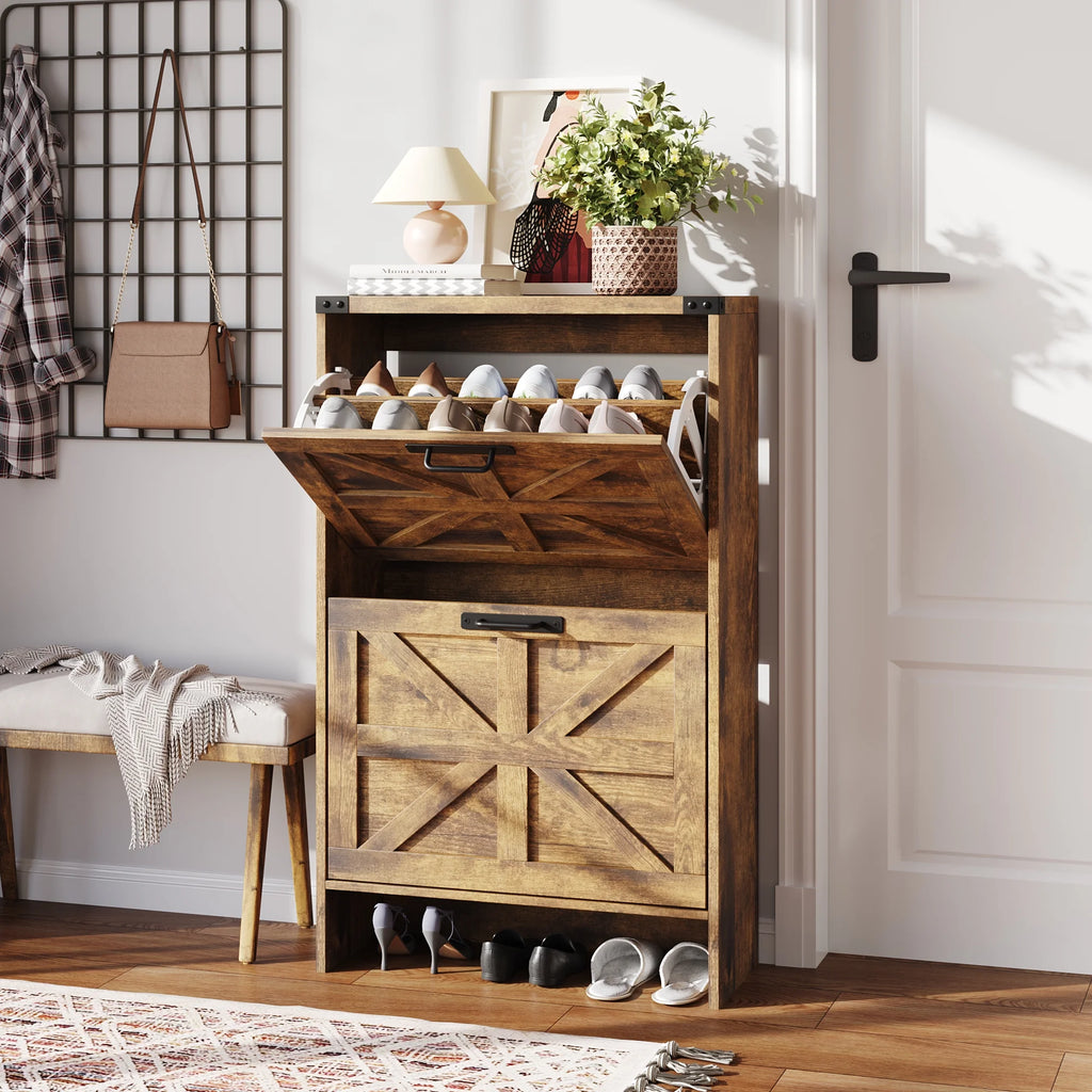 VEANERWOOD Shoes Storage Cabinet with Doors, Farmhouse Shoe Cabinet with 2 Flip Drawers for Entryway, Gray