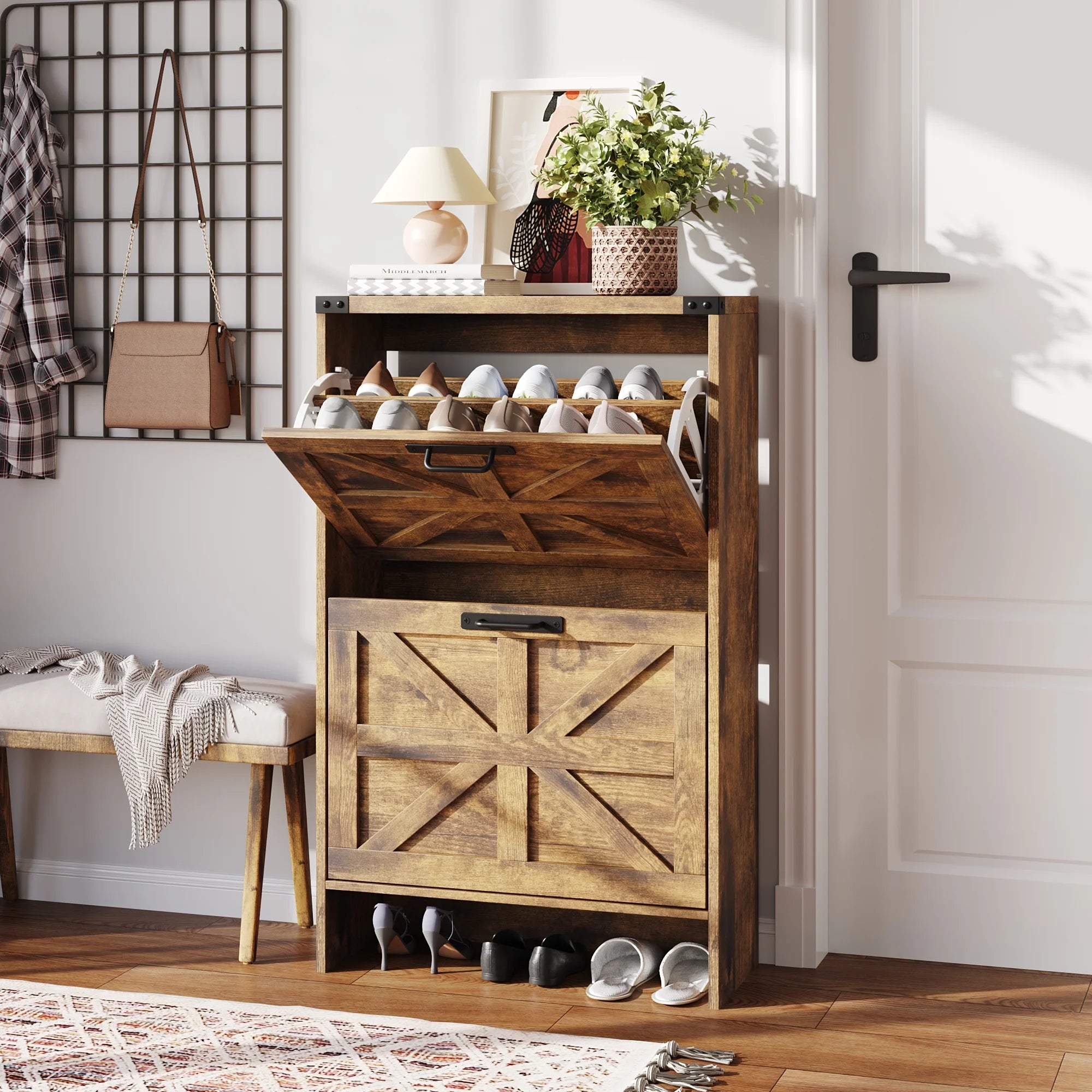 VEANERWOOD Shoes Storage Cabinet with Doors, Farmhouse Shoe Cabinet with 2 Flip Drawers for Entryway, Gray