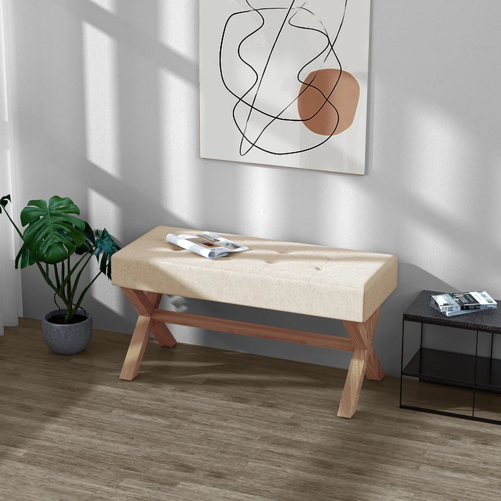 HUIMO Bedroom Bench, 35" Upholstered Entryway Bench & Dining Bench, Tufted Fabric End of Bed Bench for Bedroom Living Room Hallway, Beige