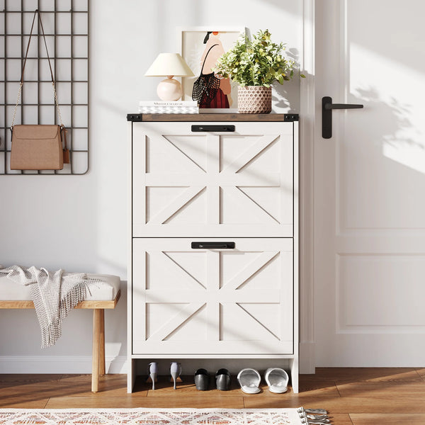 VEANERWOOD Shoes Storage Cabinet with Doors, Farmhouse Shoe Cabinet with 2 Flip Drawers for Entryway, Gray