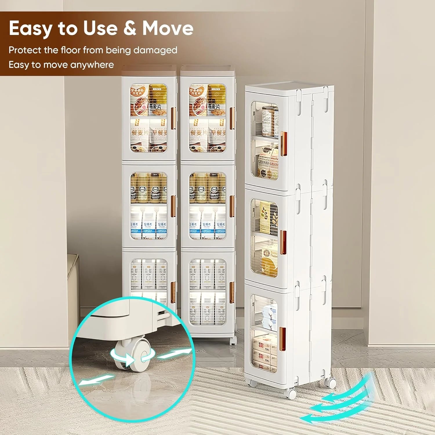 Slim Kitchen Pantry Storage Cabinet with Doors and Shelves, 3 - Tiers Plastic Narrow Storage Organizer Collapsible for Small Spaces, Bathroom, Living Room, Bedroom, White