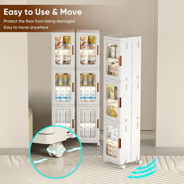 Slim Kitchen Pantry Storage Cabinet with Doors and Shelves, 3 - Tiers Plastic Narrow Storage Organizer Collapsible for Small Spaces, Bathroom, Living Room, Bedroom, White