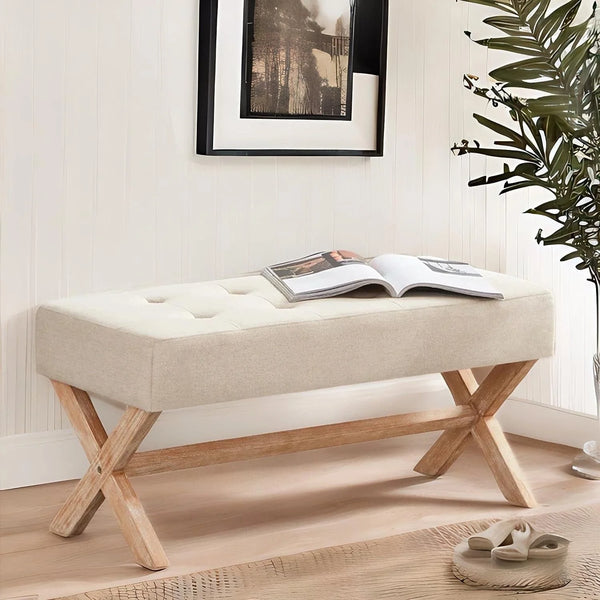 HUIMO Bedroom Bench, 35" Upholstered Entryway Bench & Dining Bench, Tufted Fabric End of Bed Bench for Bedroom Living Room Hallway, Beige