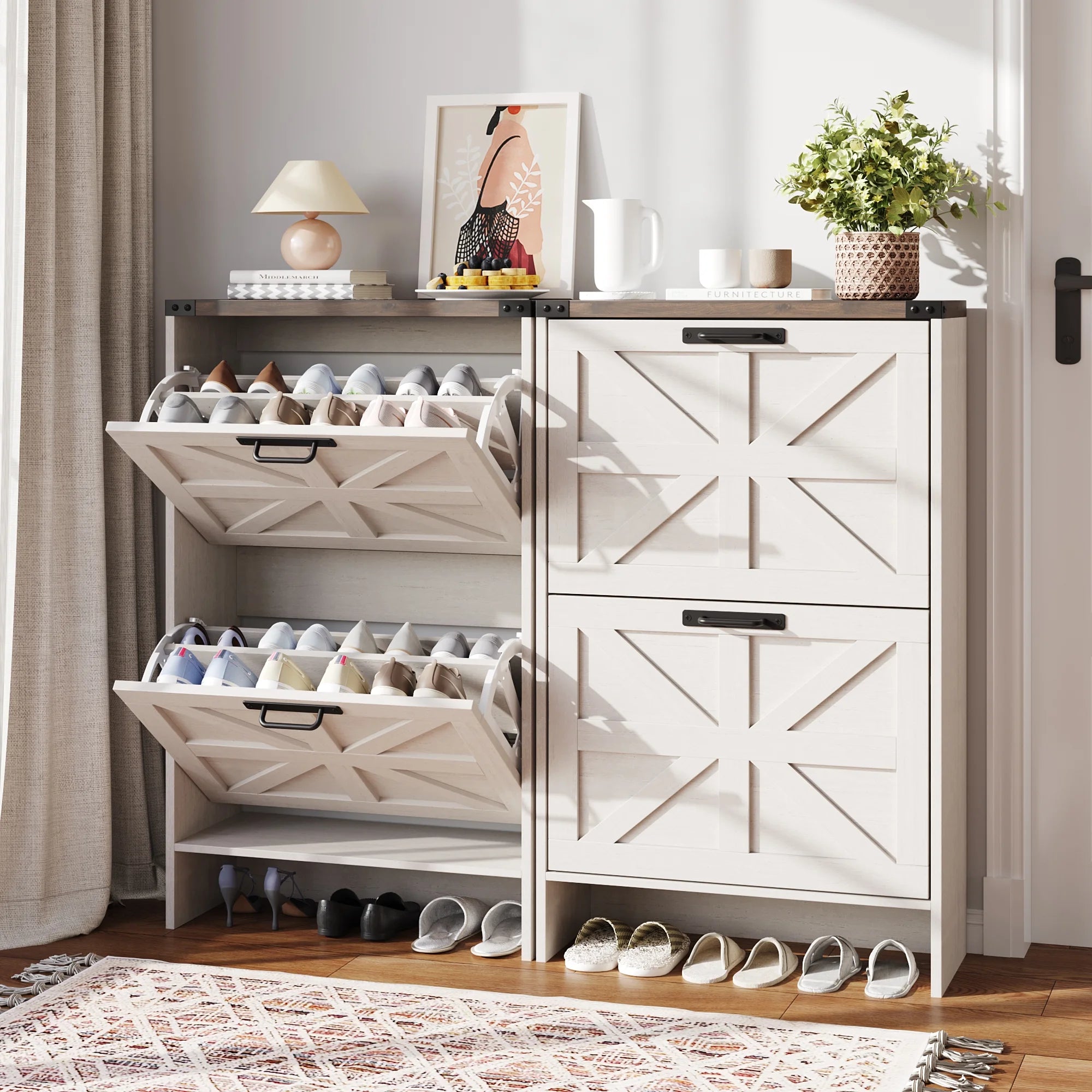 VEANERWOOD Shoes Storage Cabinet with Doors, Farmhouse Shoe Cabinet with 2 Flip Drawers for Entryway, Gray