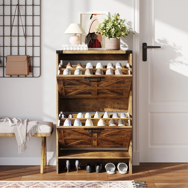 VEANERWOOD Shoes Storage Cabinet with Doors, Farmhouse Shoe Cabinet with 2 Flip Drawers for Entryway, Gray