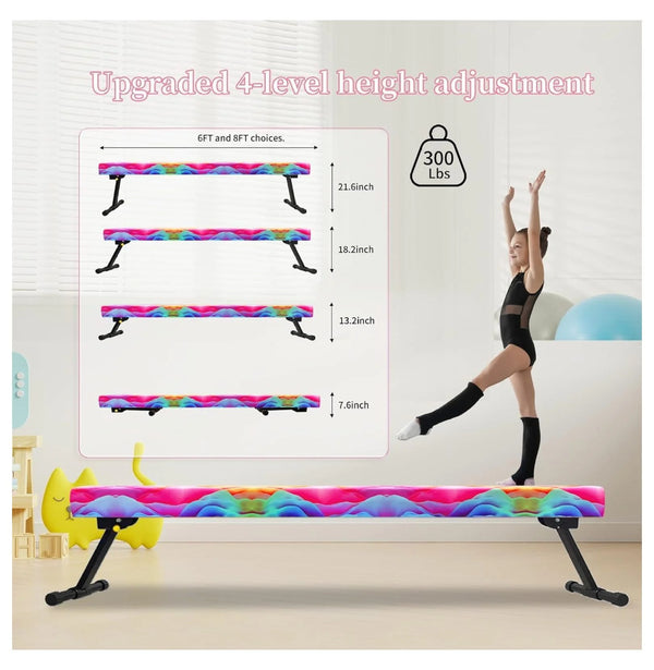 8FT Adjustable&Foldable Gymnastics Balance Beam, Home Gym Equipment, Easy Assembling and Storage, No Tool Require, for Kids Children Girls Training