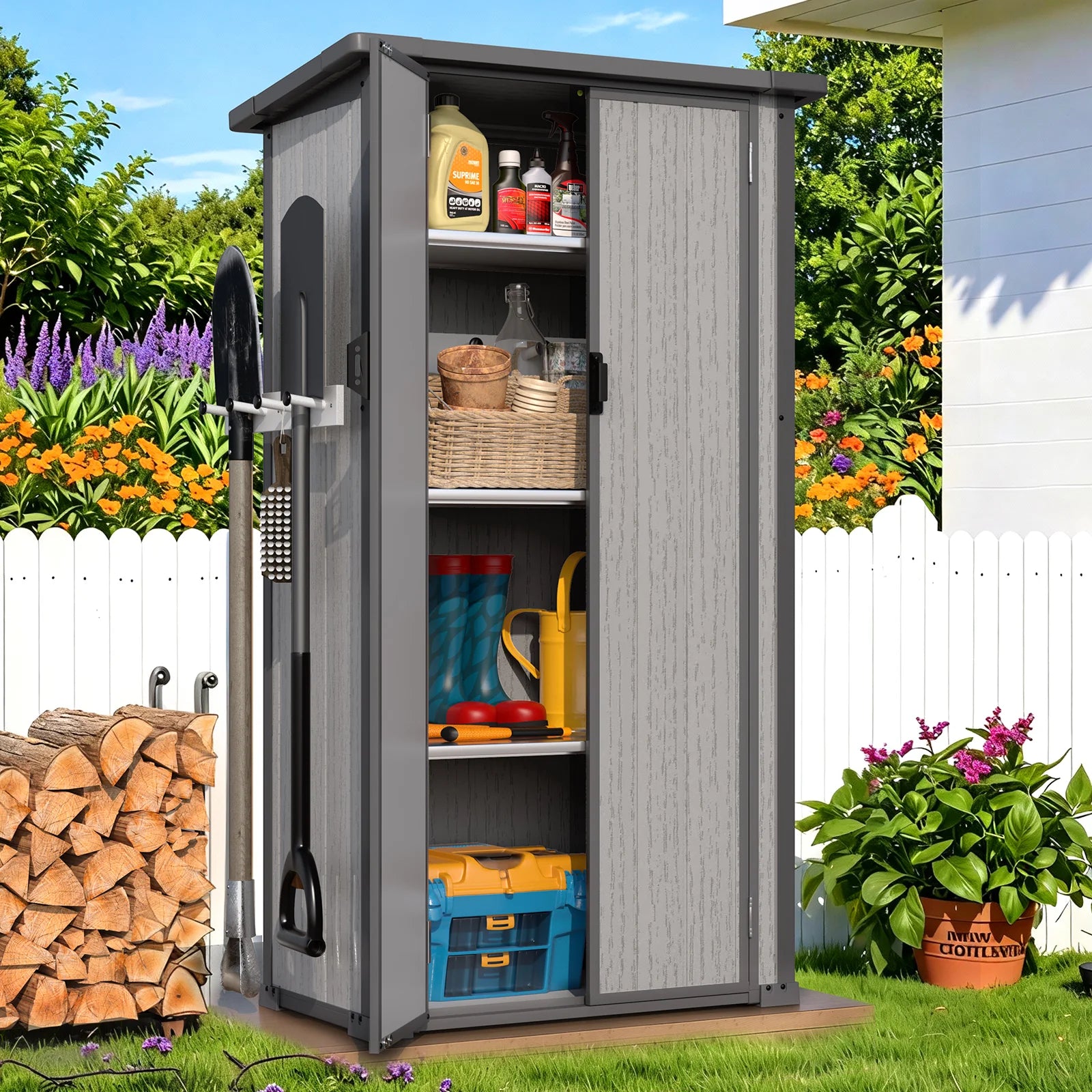 AECOJOY Tall Resin Outdoor Storage Cabinet Waterproof with Adjustable Shelves, Vertical Plastic Storage Shed Secondary image