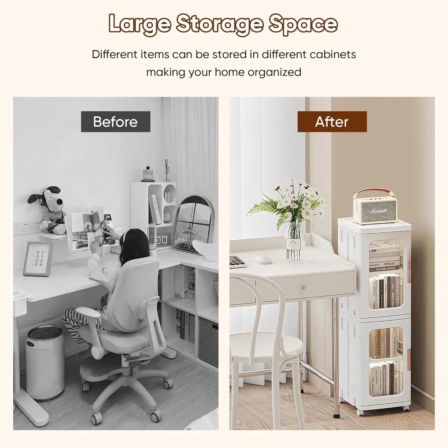 Slim Kitchen Pantry Storage Cabinet with Doors and Shelves, 3 - Tiers Plastic Narrow Storage Organizer Collapsible for Small Spaces, Bathroom, Living Room, Bedroom, White
