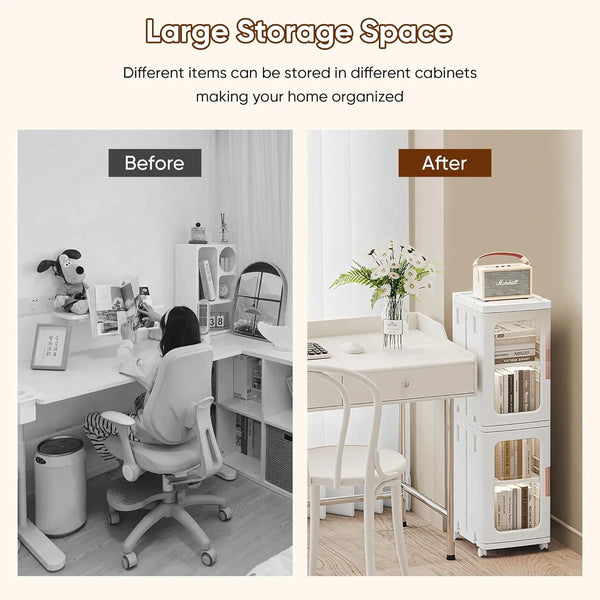 Slim Kitchen Pantry Storage Cabinet with Doors and Shelves, 3 - Tiers Plastic Narrow Storage Organizer Collapsible for Small Spaces, Bathroom, Living Room, Bedroom, White