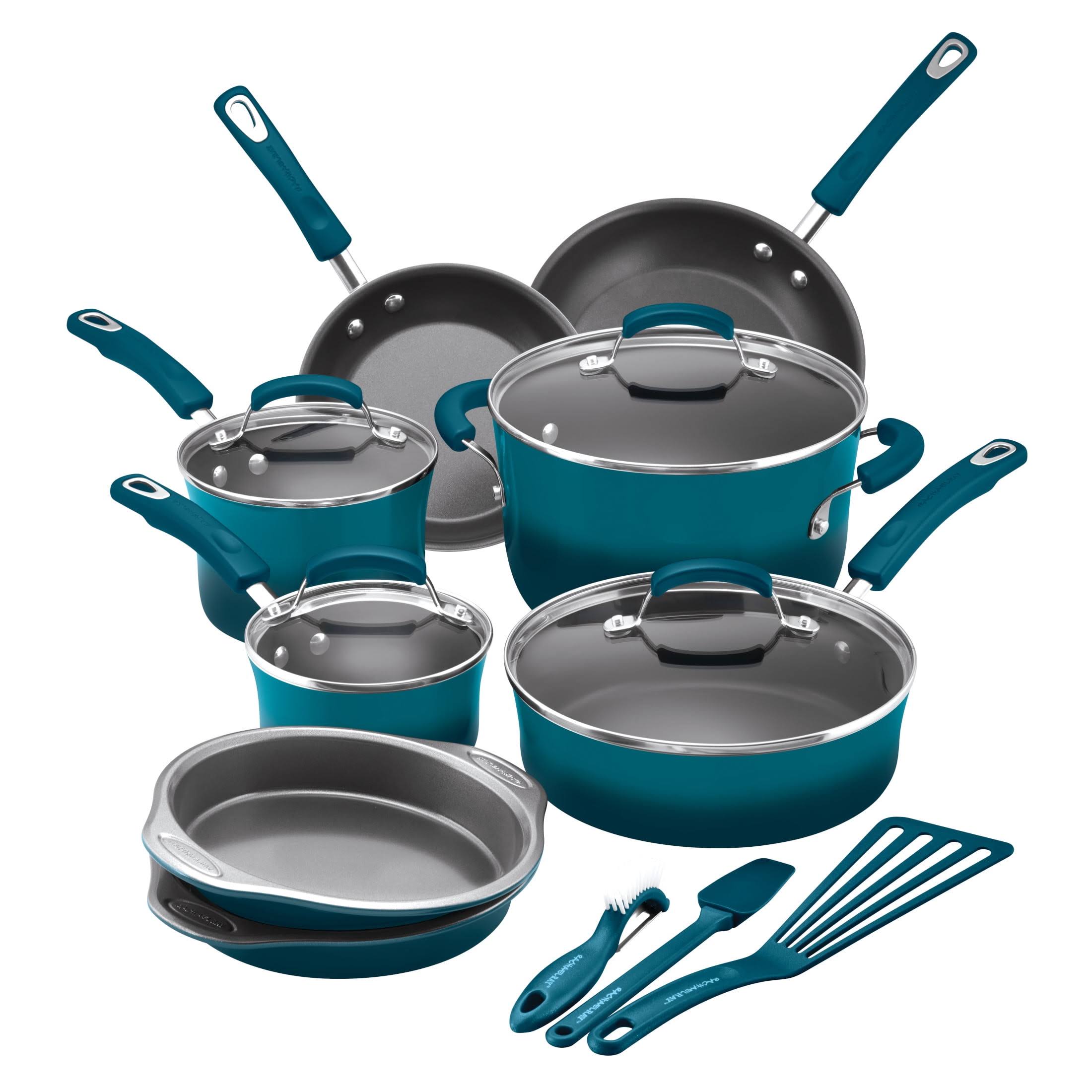 Rachael Ray 15-Piece Hard Enamel Aluminum Nonstick Cookware Set, Marine Blue