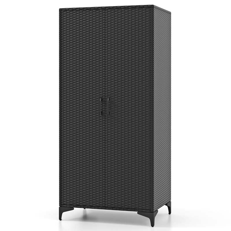 62" Tall PE Rattan Wicker Wardrobe Closet Storage Cabinet with 2 Doors, Hanging Rod, 4 Storage Cubes, Metal Legs, Anti-tipping Device Main image